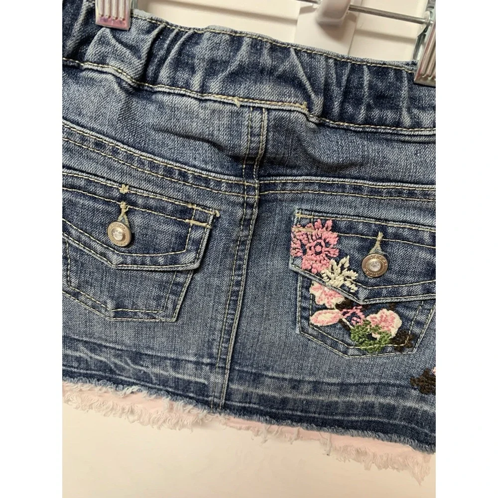 Hannah Banana Girls Denim Mini Skirt Floral Embroidered Pink Fringe 3T H2974